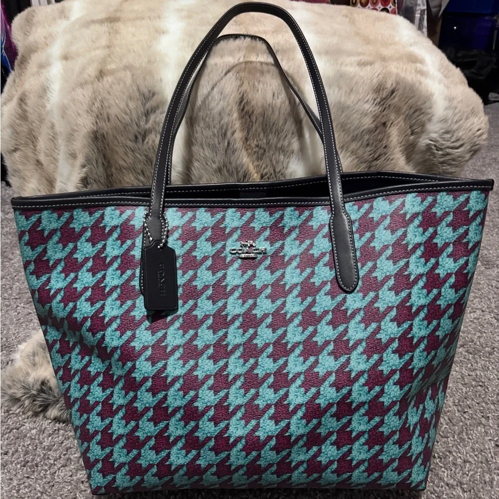 Coach City Tote in a teal and wine houndstooth print